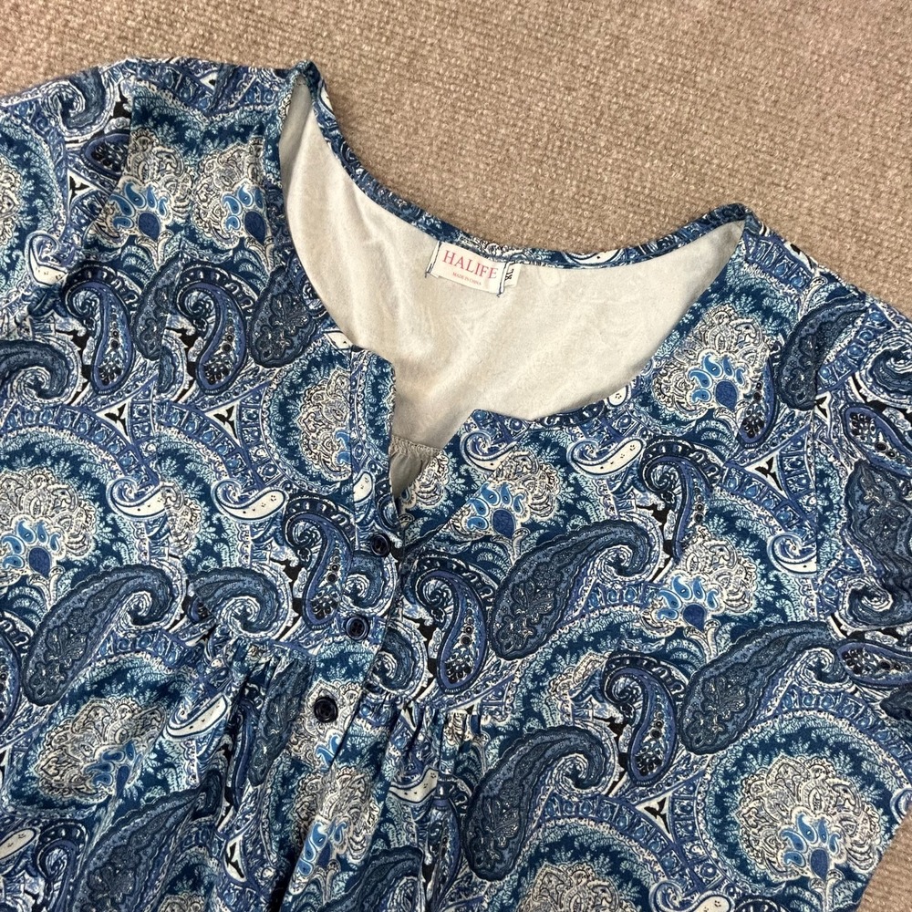 Halife Blouse Top Womens XL Multicolor Paisley Stretch Pleated Casual Split Neck